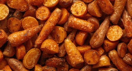 Obraz premium Closeup overhead image showing a blend of roasted carrot sweet potato and parsnip roots