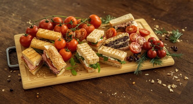 A wooden cutting board with a stylish collection of finger sandwiches and fresh tomatoes ideal for entertaining