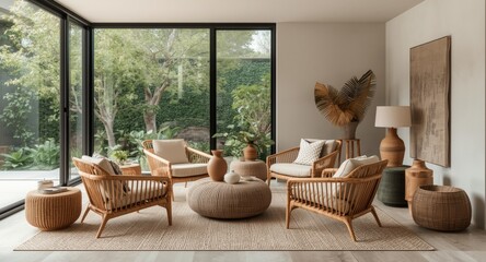 Fototapeta premium Panoramic Scandinavian design interior featuring wooden rattan armchairs with chic home accessories