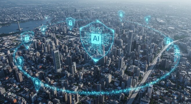 AI-Powered City: A futuristic cityscape, protected by an AI-powered security shield, represents the smart city concept.