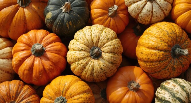 Detailed portrait of pumpkins in vibrant colors with different forms embodying the spirit of harvest season