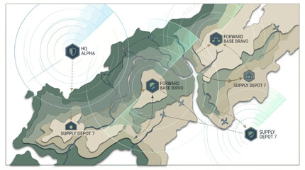 A futuristic military map of the world with a green, brown, and beige color scheme, showcasing global geography and strategic locations © Abina