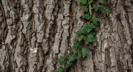 Detailed view of textured oak bark with climbing ivy foliage
