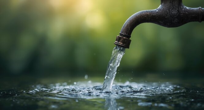 Calm natural background framing a water tap with flowing fresh water