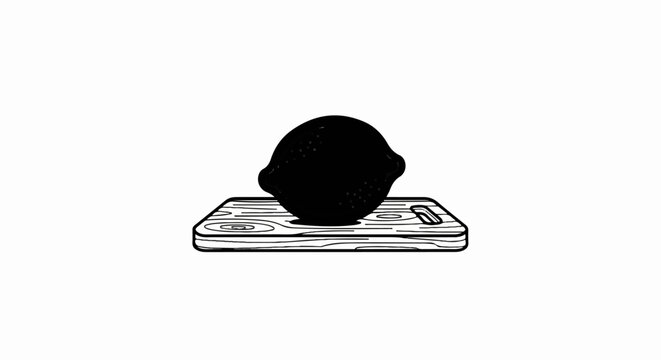 A solitary black lemon rests on a rustic wooden cutting board