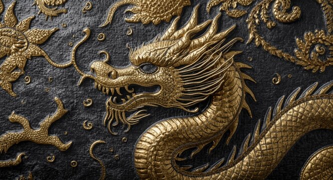 Background featuring a textured embossed dragon motif with luxurious gold scale details