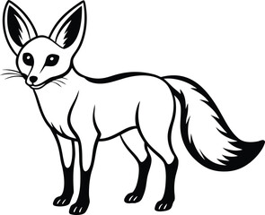 Fototapeta premium A stylized, monochrome illustration of a Fennec fox stands centered against a pure white background. The fox is depicted in a full-body pose, with a slender build and long, thin legs. Its most promine