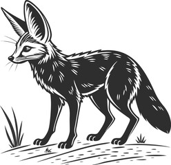 Obraz premium A stylized, monochrome illustration of a Fennec fox stands centered against a pure white background. The fox is depicted in a full-body pose, with a slender build and long, thin legs. Its most promine