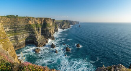 Fototapeta premium Elevated view of coastal cliffs with waves crashing below