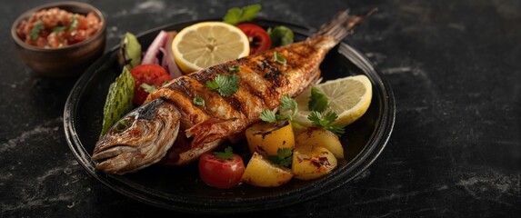 Aromatic grilled tandoori fish served with fresh vegetable accompaniments and lemon slices on a dark dish