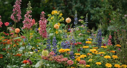 Naklejka premium Colorful summer garden with blooming flowers and vibrant nature scenery