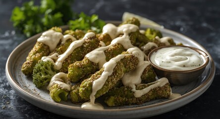 Broccoli sticks combined with creamy mozzarella cheese and a garlic yogurt dressing