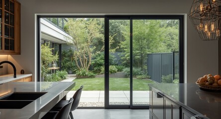 Fototapeta premium Elegant kitchen transformation with sliding door revealing lively garden greenery