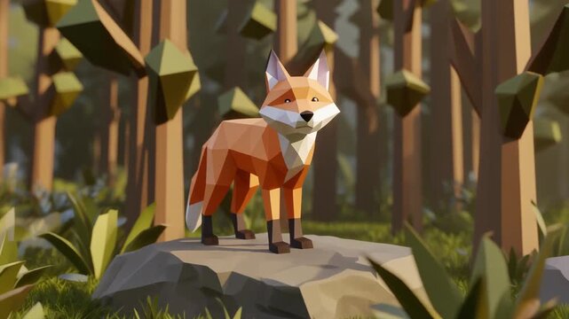 Low-poly fox standing on a rock in a forest with trees and foliage in the background, possibly used for illustration or graphic design