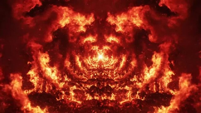 Fiery abstract tunnel of flames with a bright light in the center, representing energy and hell
