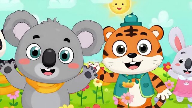 Cartoon little animals waving their hands happily in a landscape filled with colorful flowers