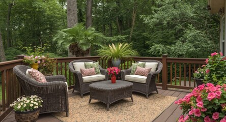Beautiful deck area with wicker furniture and blooming plants ideal for summer relaxation