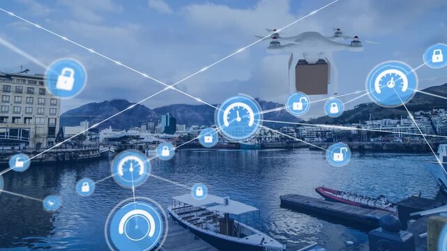 Network of digital icons and drone carrying a delivery box against aerial view of the port harbor