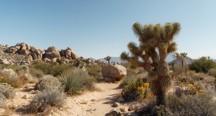 Desert flora featuring Joshua tree flowers alongside significant copy space