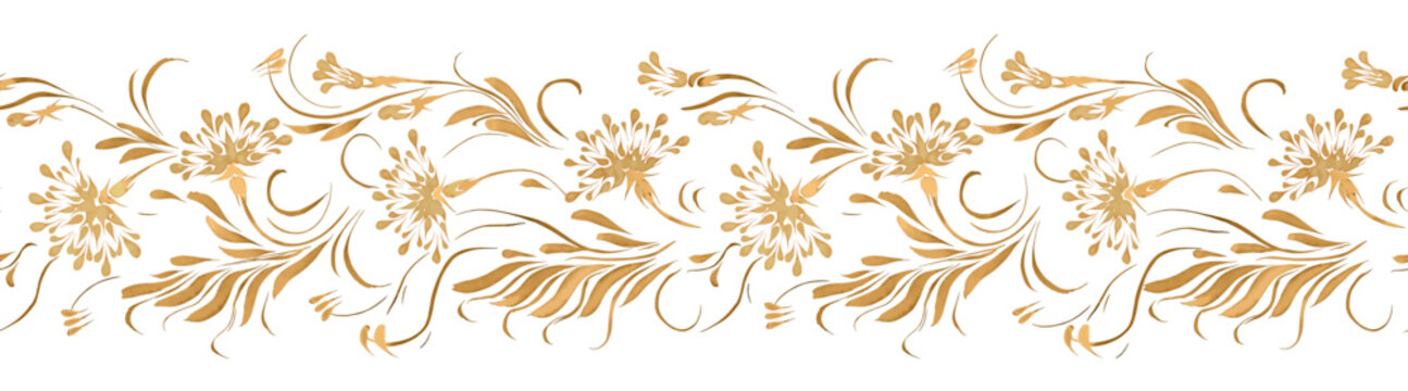 Vector floral seamless border pattern from hand painted golden flowers and leaves on a white background
