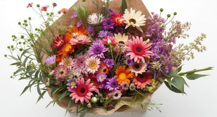 Obraz premium A vibrant floral collage featuring summer asters daisies and bindweed in rustic packaging on a pristine white background for festive purposes