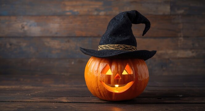 Delightful pumpkin with candle illumination and witch hat set on distressed wood background
