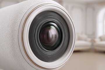 A detailed macro shot showcasing a modern camera lens with intricate texture, highlighting the design and technology, set against a blurred studio backdrop.