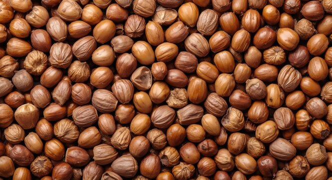 Copy space on a natural nut pattern background composed of hazelnuts and filbert nuts