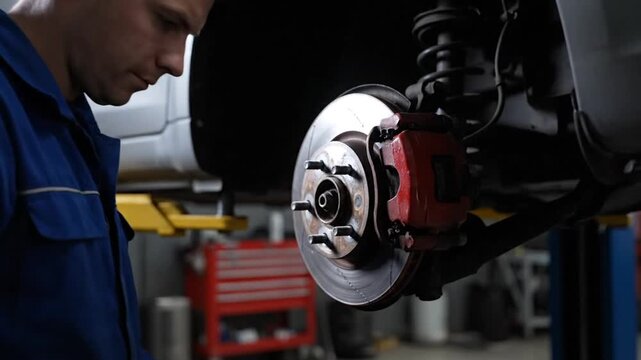 Mechanic repairs car brake system.
