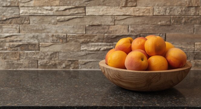 Bright orange fruits arranged in a rustic bowl on a granite countertop with stone backsplash