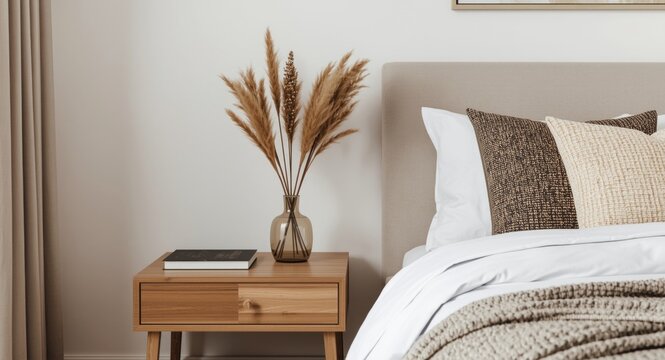 Cozy bedroom interior with wooden bedside table and dried flower vase