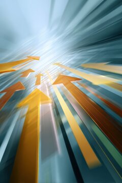Gold arrows upward acceleration ascent success direction progress vertical motion blur glowing arrow shafts rising toward light conveying growth advantage and leadership