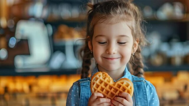 The girl smiles happily, holding a waffle heart in her hands, creating an atmosphere of joy and childlike spontaneity &mdash; the perfect visual backdrop for advertising confectionery products or family caf