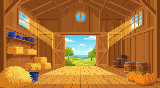 Interior view of a rustic barn with bales of hay and pumpkins, presented as a charming vector illustration for autumn themes