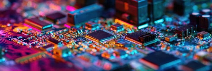 Obraz premium Colorful panoramic circuit board landscape with multiple integrated circuits and vibrant neon lighting illustrating modern electronics and high density motherboard design
