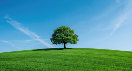 Obraz premium A single tree thriving on emerald grass under a clear sky with blue hues