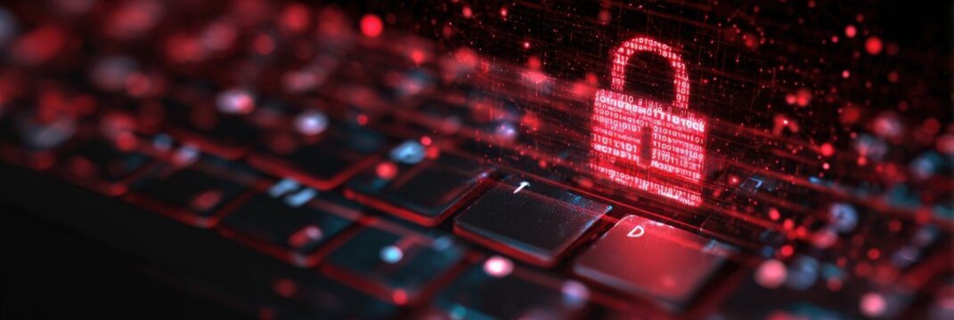 Holographic padlock keyboard protection encryption secure access control glowing icon representing data privacy and cybersecurity measures