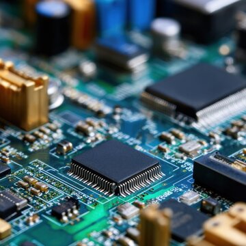 Multiple integrated circuits green pcb closeup passive components and connectors detailed motherboard electronics assembly