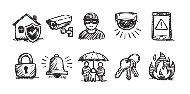 A collection of black and white doodle style icons illustrating security, protection, and safety, including home security, surveillance, alerts, family protection, and potential risks.