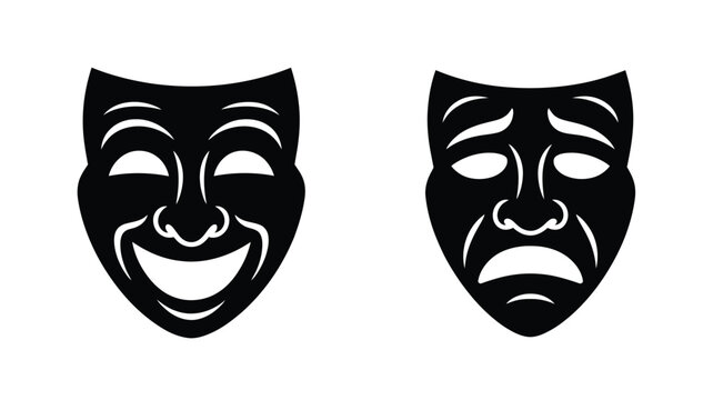 Theatrical comedy and tragedy masks in black on white background symbolizing drama and emotions in acting and performance art