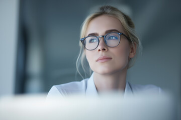 Pensive professional woman wearing glasses thinking