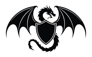 Fototapeta premium Black dragon silhouette with shield emblem on white background mythical creature symbol