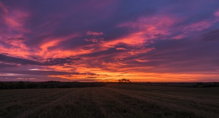 Obraz premium Colorful sunset illuminating a peaceful rural field under a dramatic cloudy sky