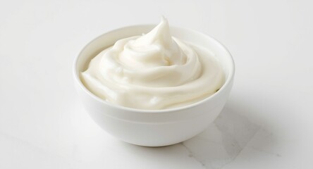 A white bowl containing creamy Stracciatella yogurt with a clear background and white surroundings