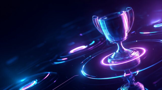 3D metallic trophy cup floating in digital void with neon blue and purple lights, glowing circular interfaces, symbolizing victory, achievement, esports, virtual reality, and gaming success