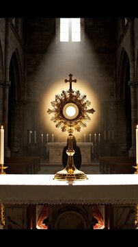 Golden monstrance illuminated by soft light on altar inside a historic church, with candles and wooden pews creating a serene atmosphere of devotion and reflection