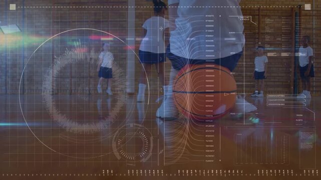 Animation of digital screen with diverse data over diverse teenage basketball team training