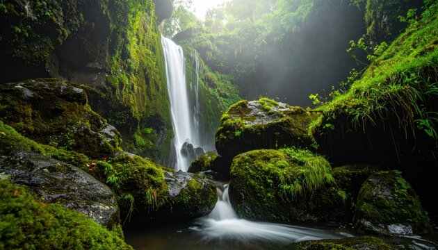 Misty Waterfall Cascading Through Lush Green Mossy Rocks in a Serene Forest Landscape