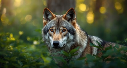 Obraz premium Closeup of a Grey Timber Wolf Amidst Forest Foliage