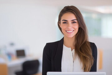 Successful young businesswoman smiling in bright office